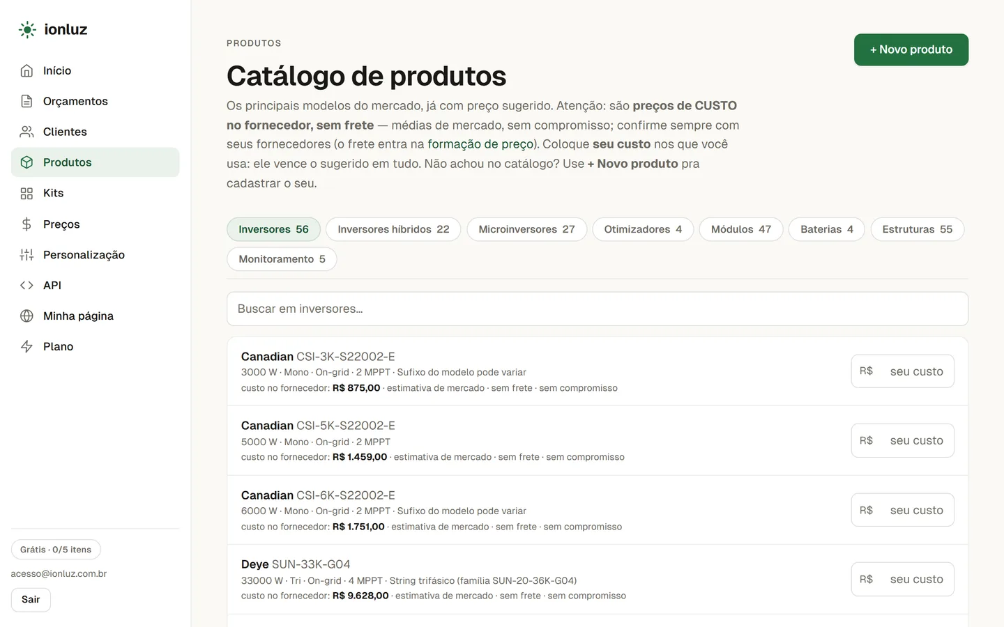 Catálogo de produtos com preços de referência