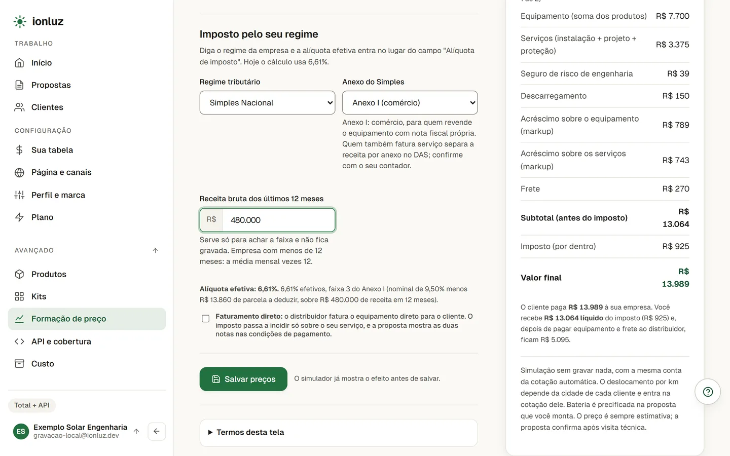 Formação de preço em Custo → venda: o cartão Imposto pelo seu regime com Simples Nacional, Anexo I e a receita de 12 meses, a alíquota efetiva calculada e, ao lado, o simulador