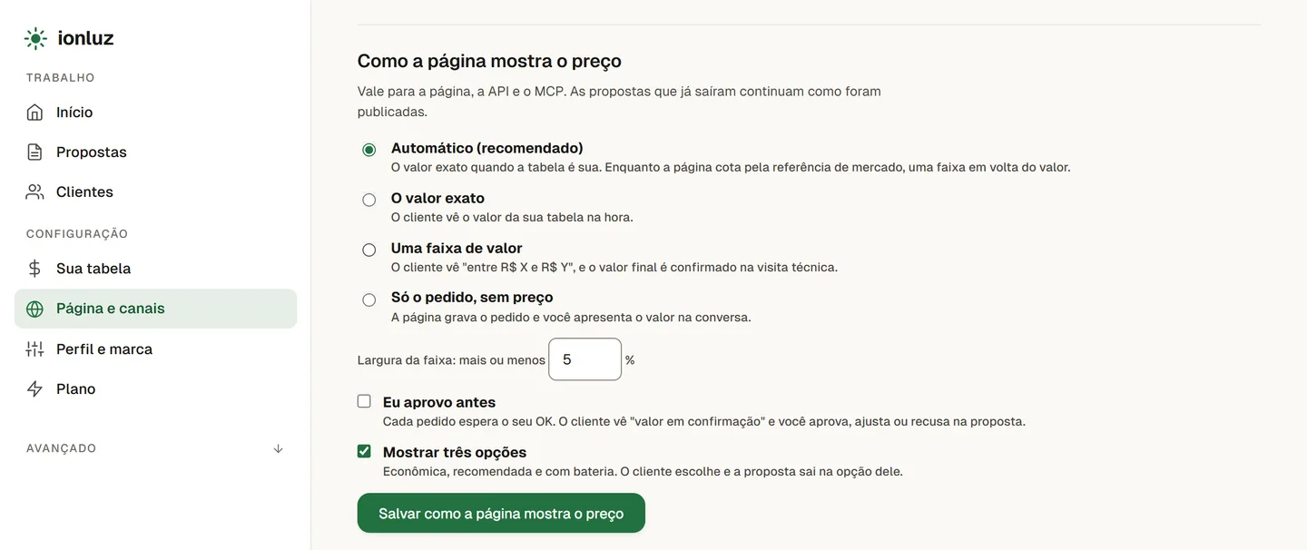 Cartão Como a página mostra o preço, em Sua página: automático, valor exato, faixa de valor ou só o pedido, a largura da faixa, Eu aprovo antes e Mostrar três opções