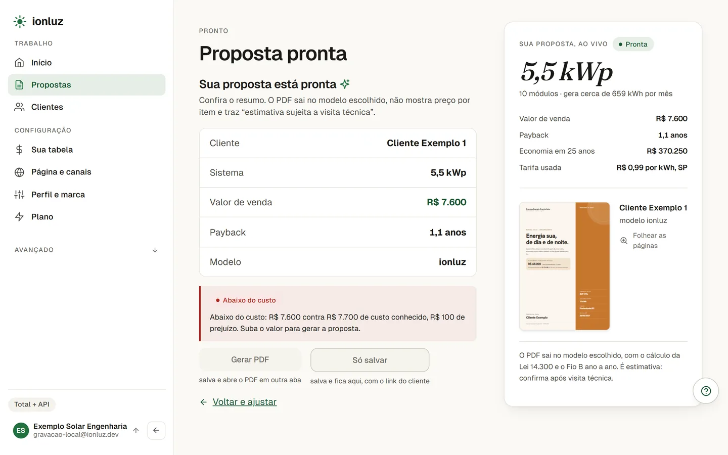 Tela final do passo a passo com o valor abaixo do custo do kit: o aviso Abaixo do custo com o prejuízo e os botões Gerar PDF e Só salvar desligados