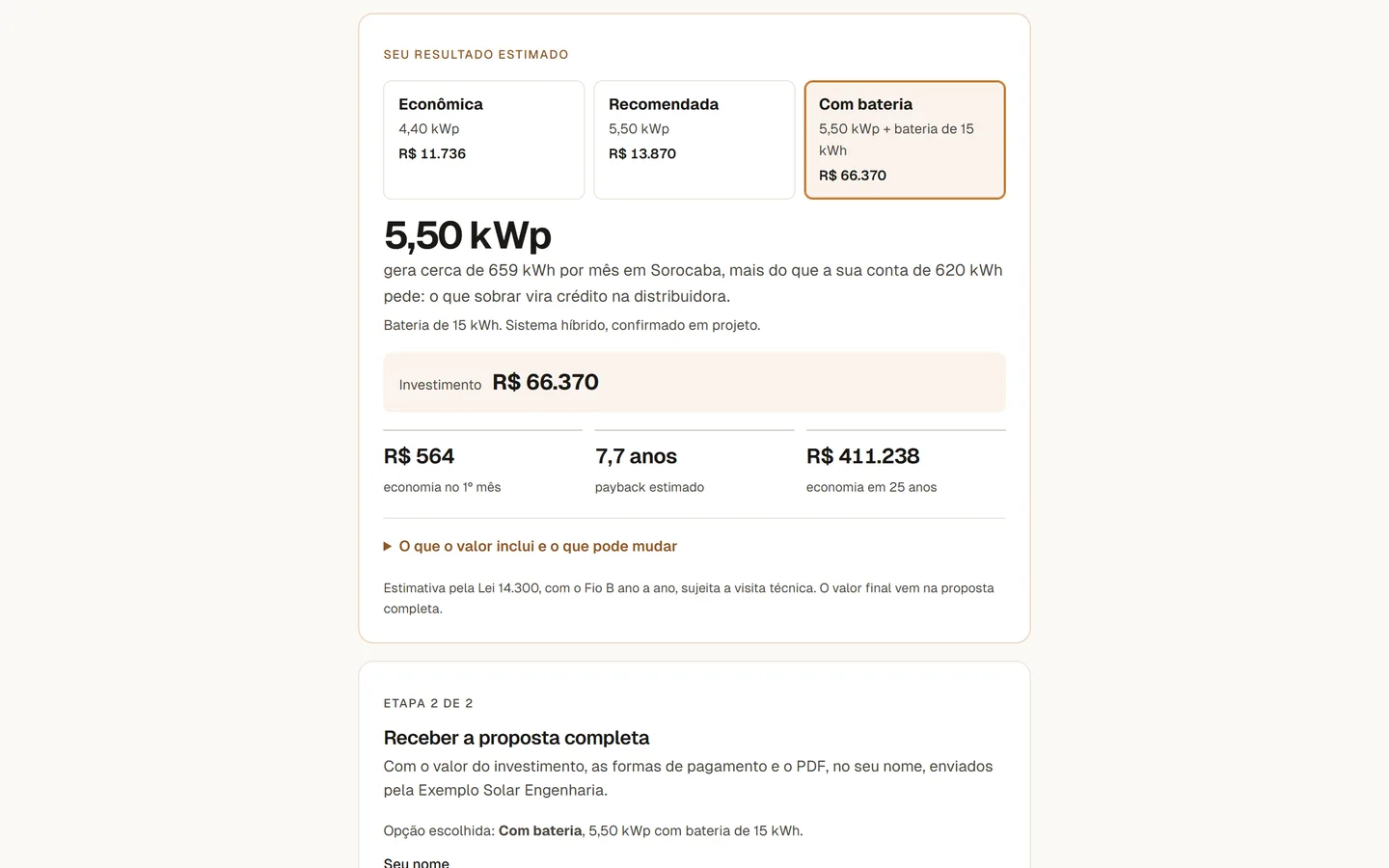 Resultado na página de captação com as três opções, econômica, recomendada e com bateria, cada uma com o investimento, e a com bateria escolhida, marcada sistema híbrido, confirmado em projeto