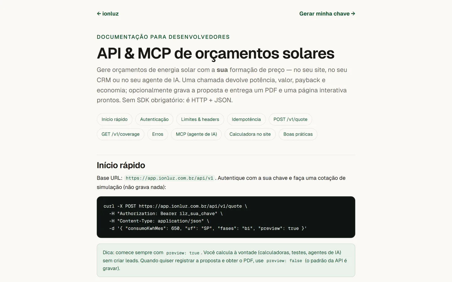 Documentação pública da API do ionluz
