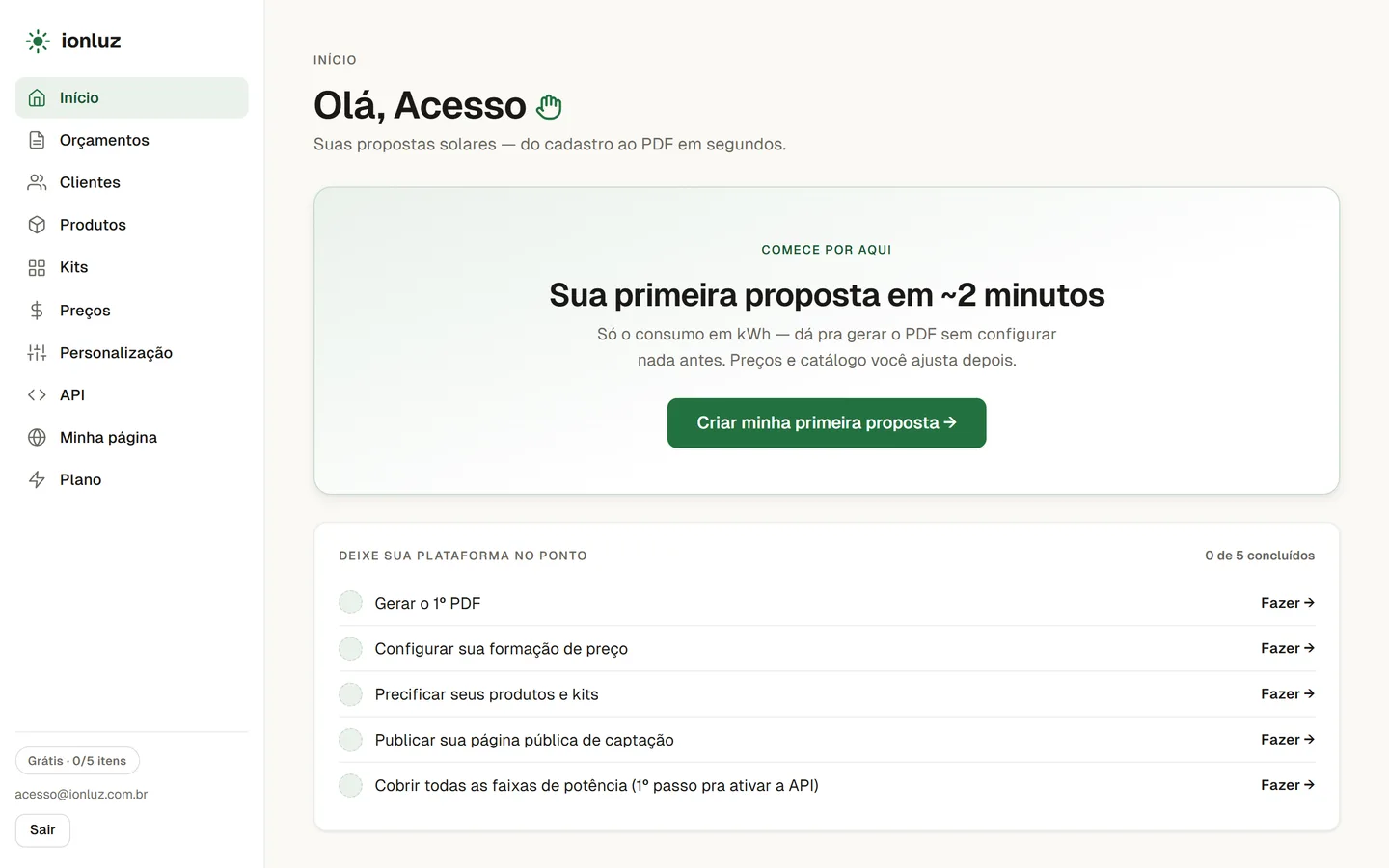 Painel inicial do ionluz depois do primeiro acesso
