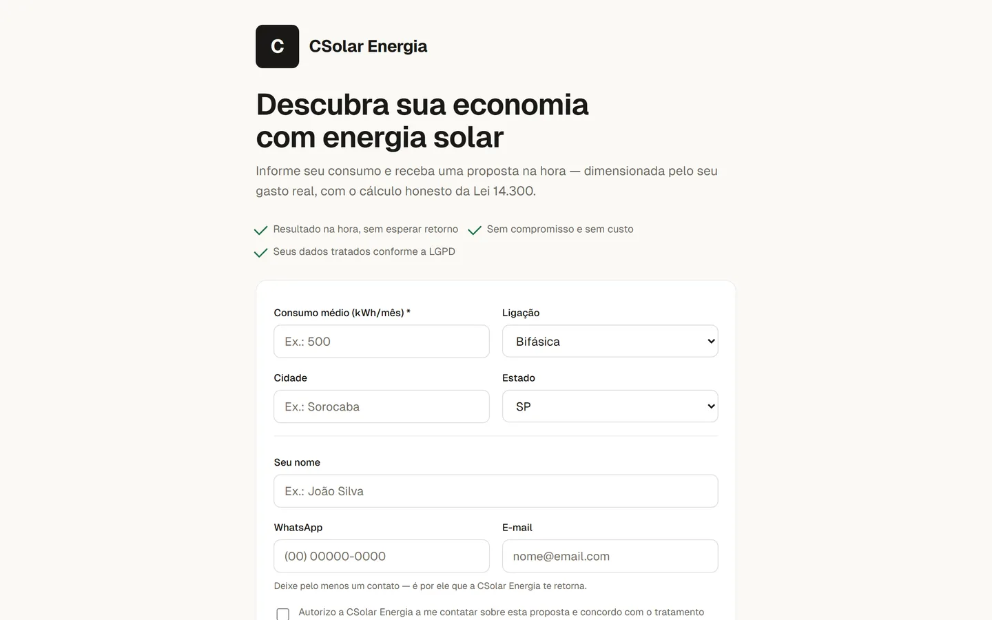 Página pública de captação vista pelo cliente final