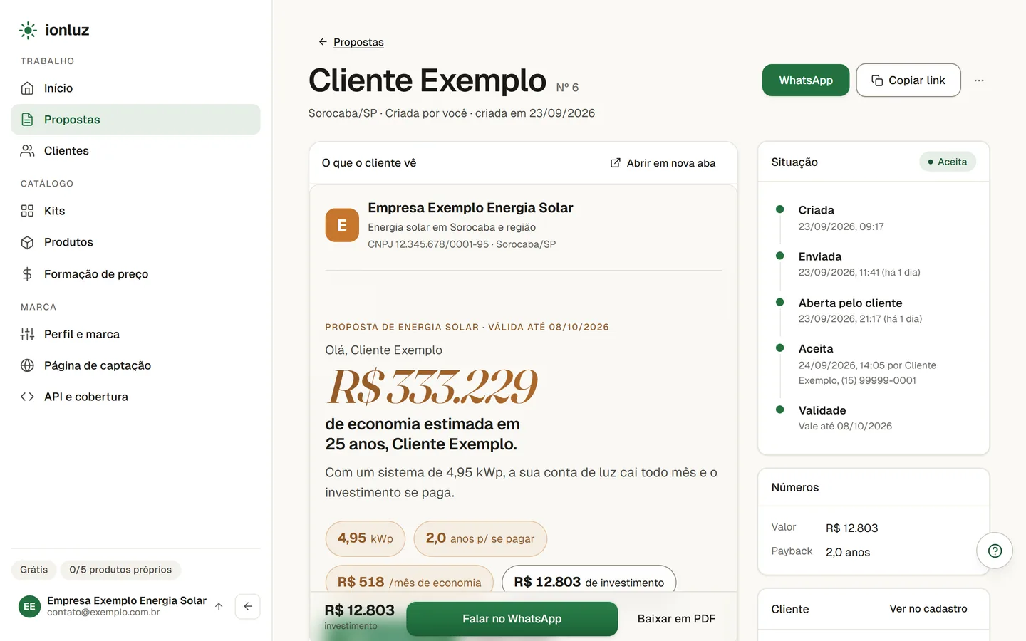 Página da proposta no app: a situação, com a linha do tempo, e a prévia do que o cliente vê