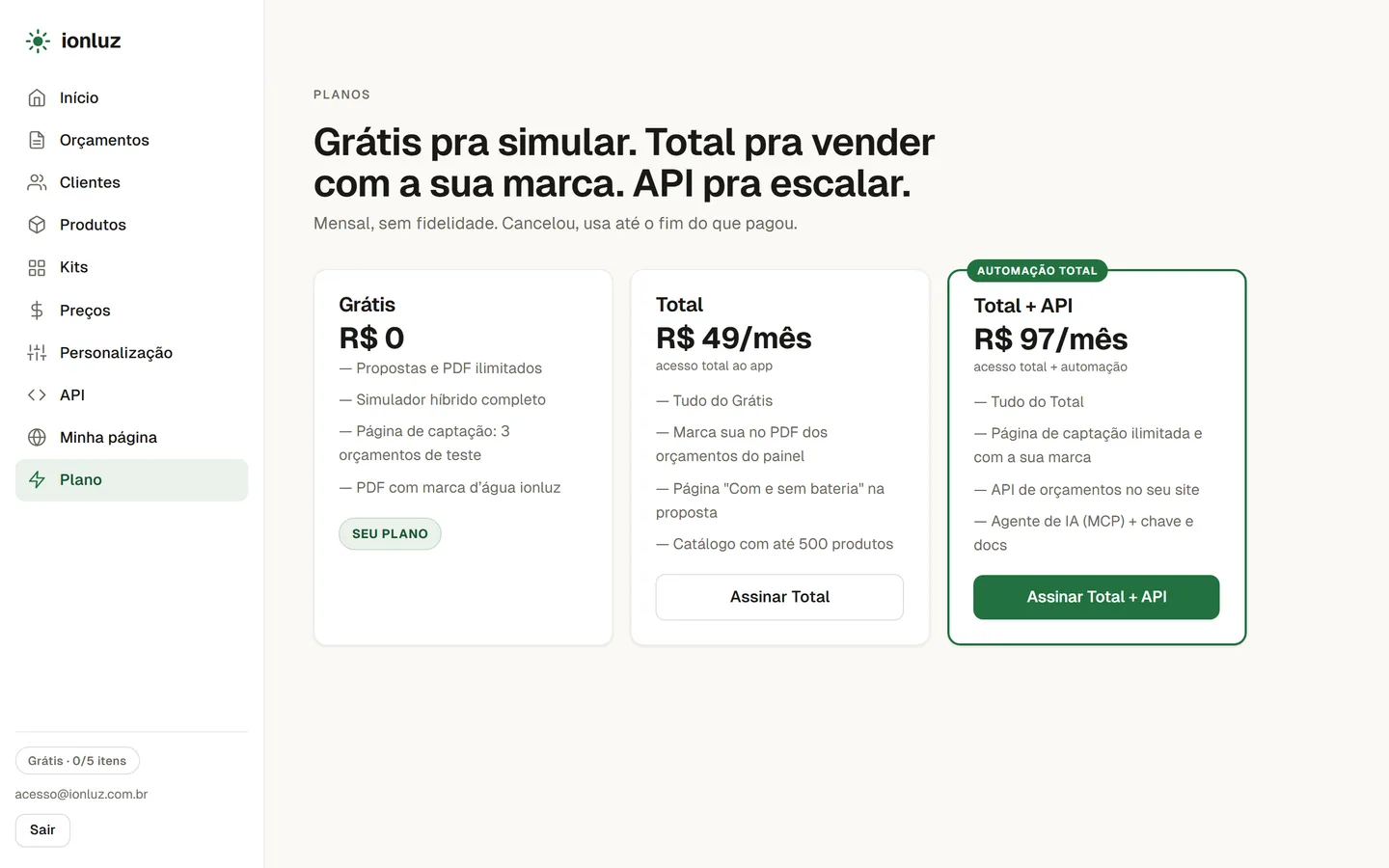 Página de planos com checkout Pix transparente