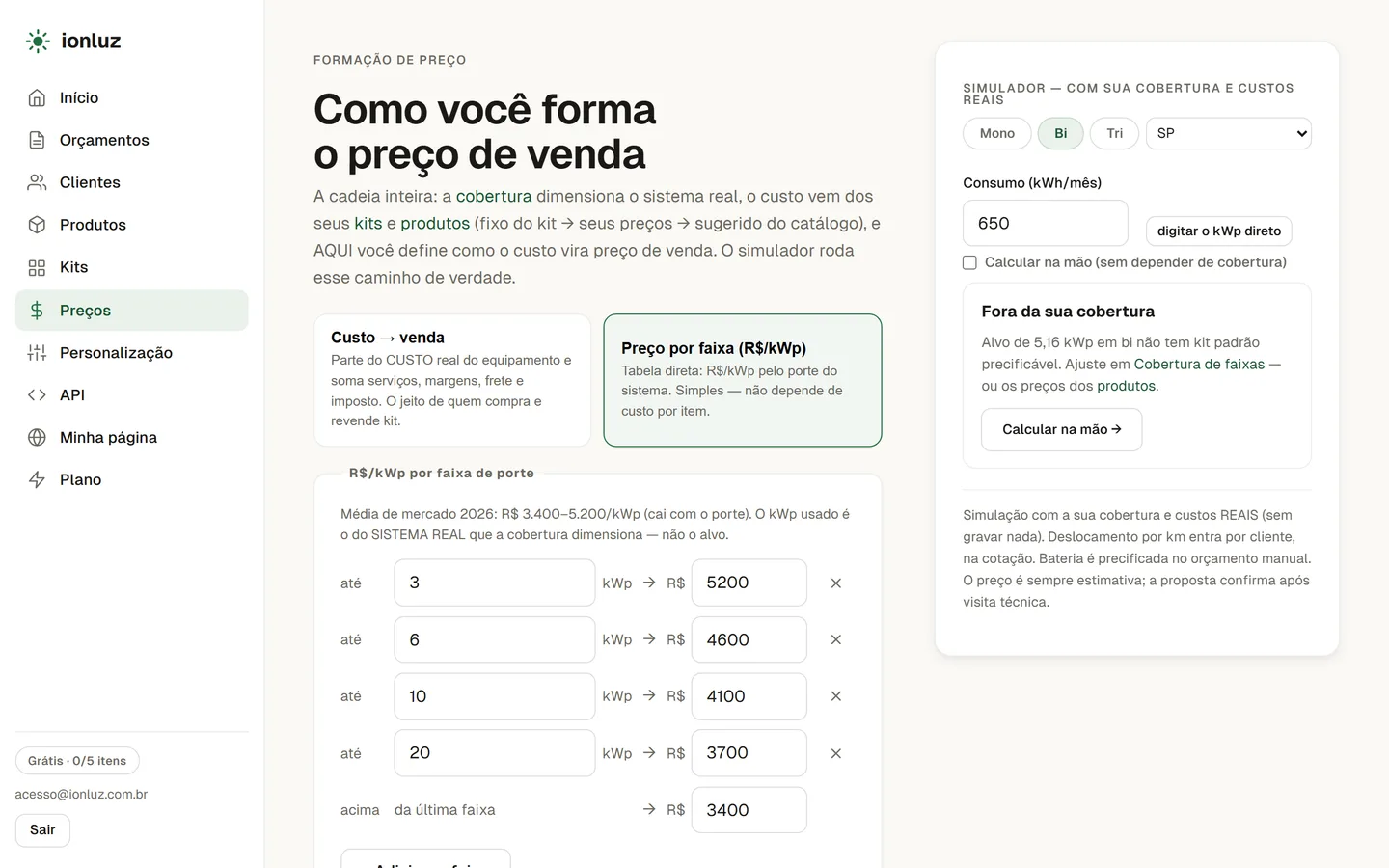 Configuração de formação de preço com faixas de potência