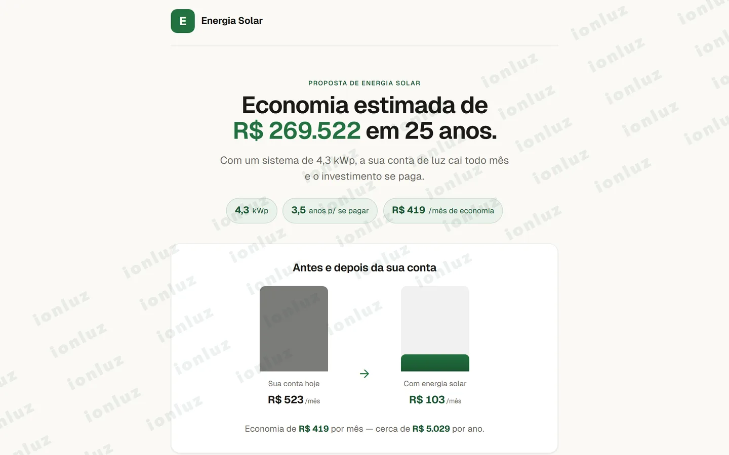 Proposta online do ionluz com geração, economia e payback