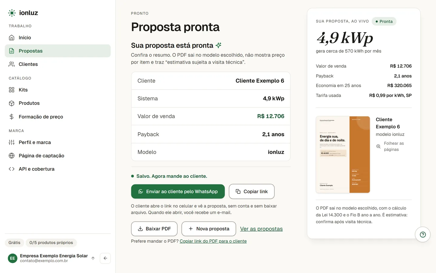 Tela final da proposta: Enviar ao cliente pelo WhatsApp e Copiar link em destaque, Baixar PDF e o link do PDF abaixo