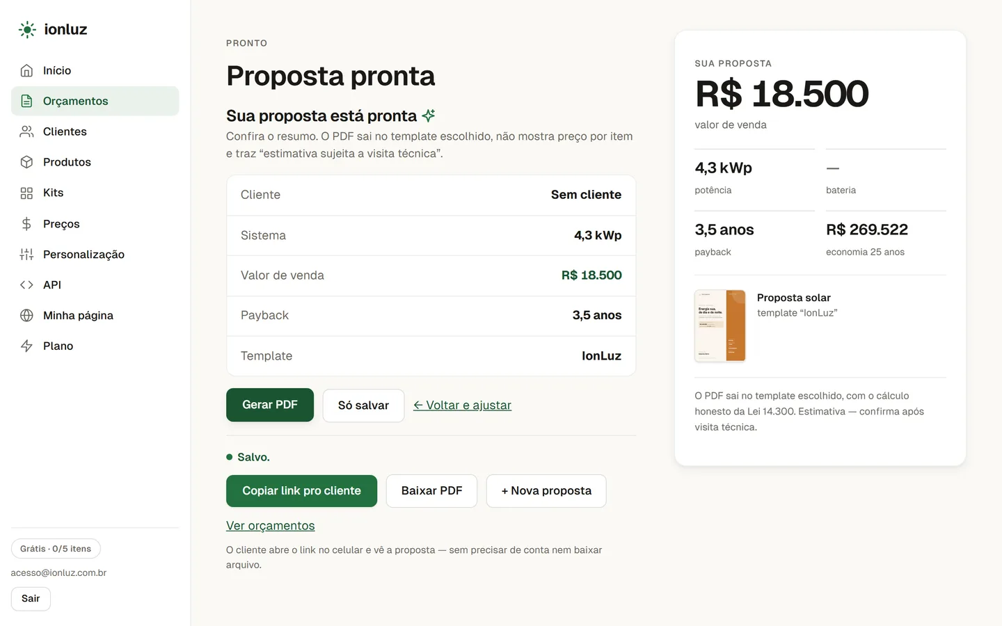 Tela final do wizard com PDF, link da proposta e envio por WhatsApp