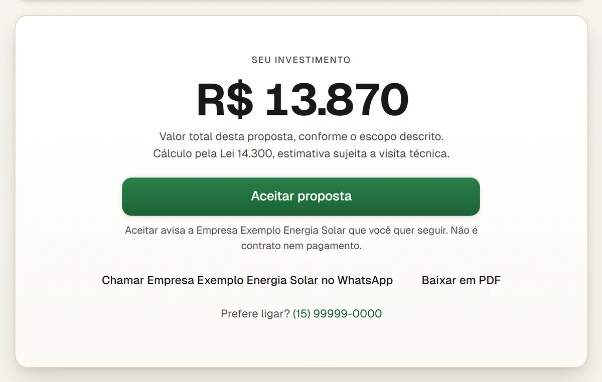 Seção do investimento com o valor total, o botão de aceitar logo abaixo e, depois dele, o WhatsApp da empresa e o PDF