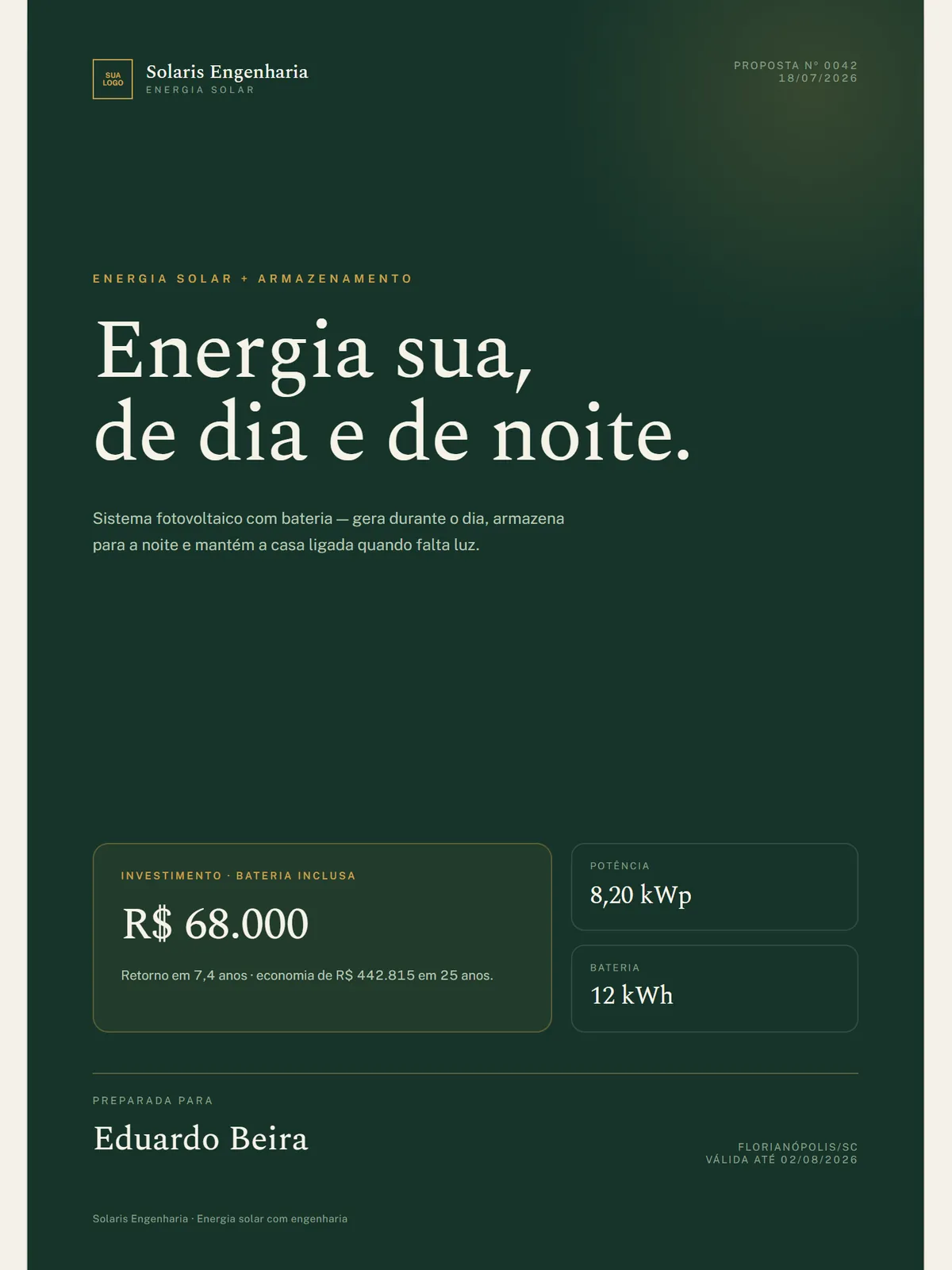 Modelo de proposta de energia solar Botanical Forest: Verde orgânico, editorial serifado