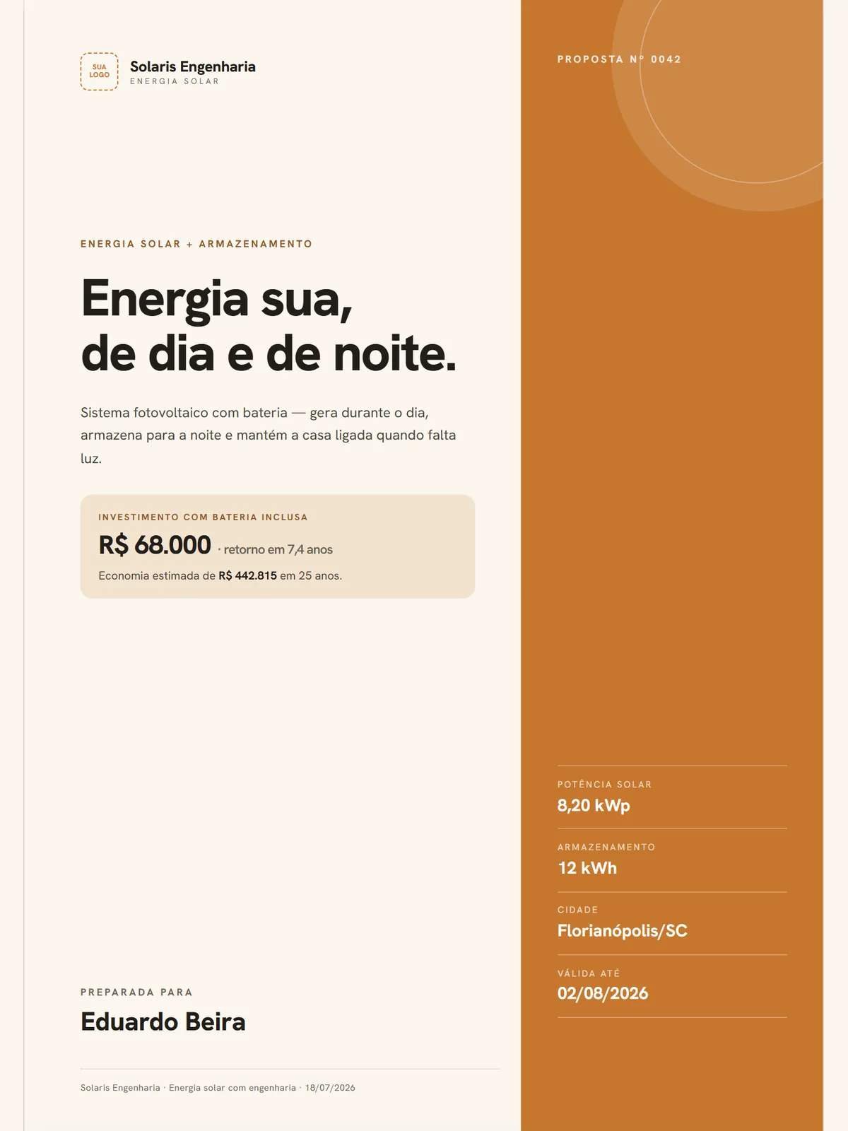 Modelo de proposta de energia solar IonLuz: Âmbar quente, moderno e acolhedor