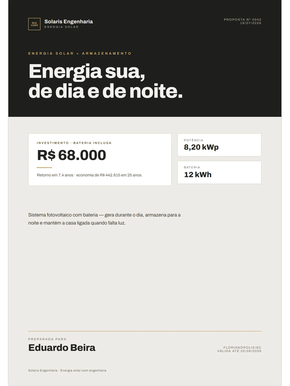 Modelo de proposta de energia solar Quiet Luxe: Minimalista premium, muito respiro
