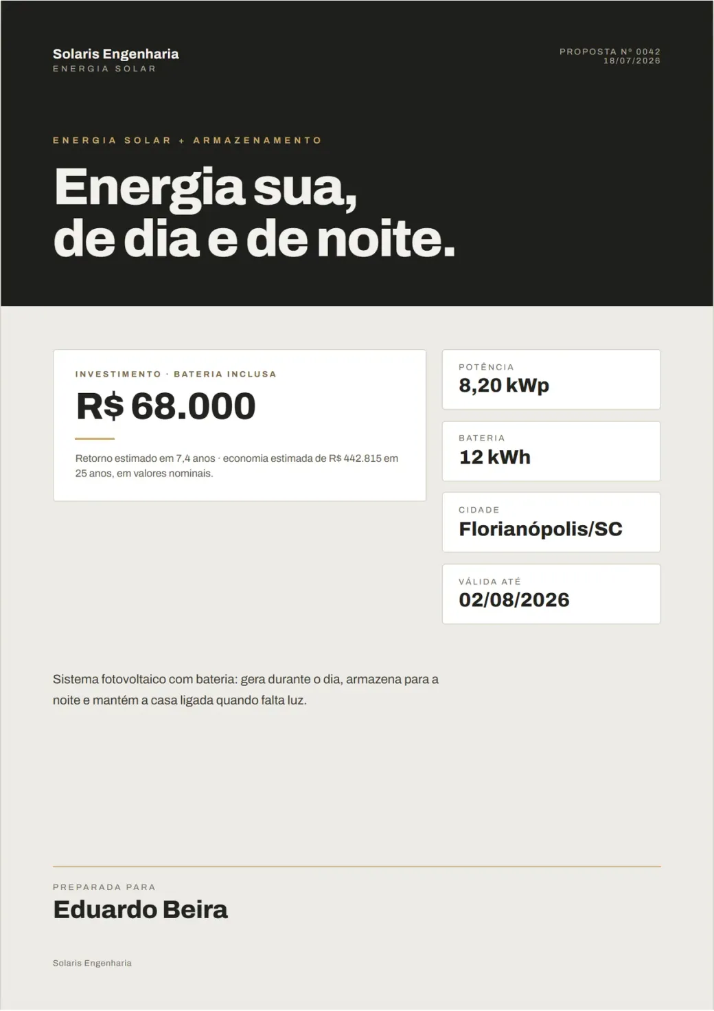 Capa do PDF da proposta no modelo Quiet Luxe, com a marca do integrador