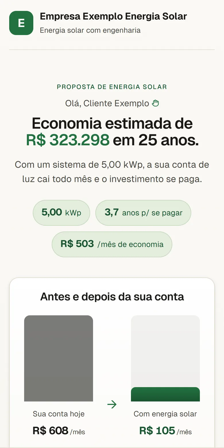 A proposta aberta no celular do cliente: R$ 323.298 de economia em 25 anos, 5 kWp, payback de 3,7 anos